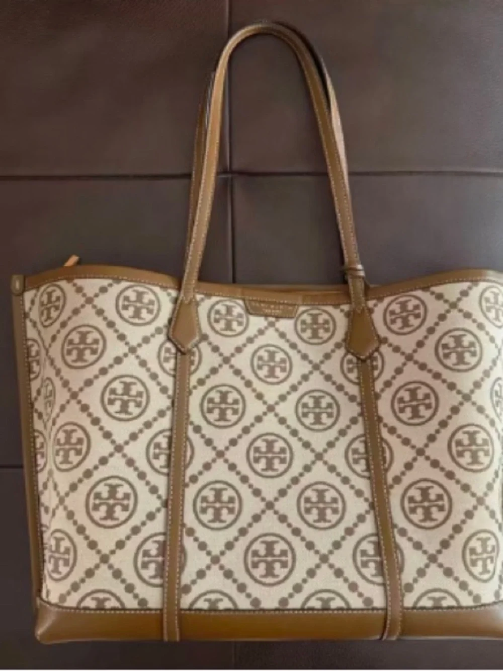 Tory Burch Cream and Brown Logo-Print Canvas Tote